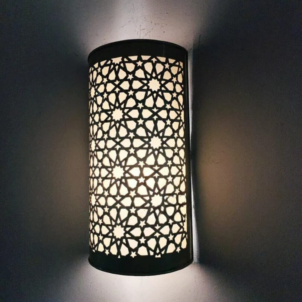 Brass Outdoor Sconce – Hand-Engraved Cylinder Light, 11.8″ Height image 3