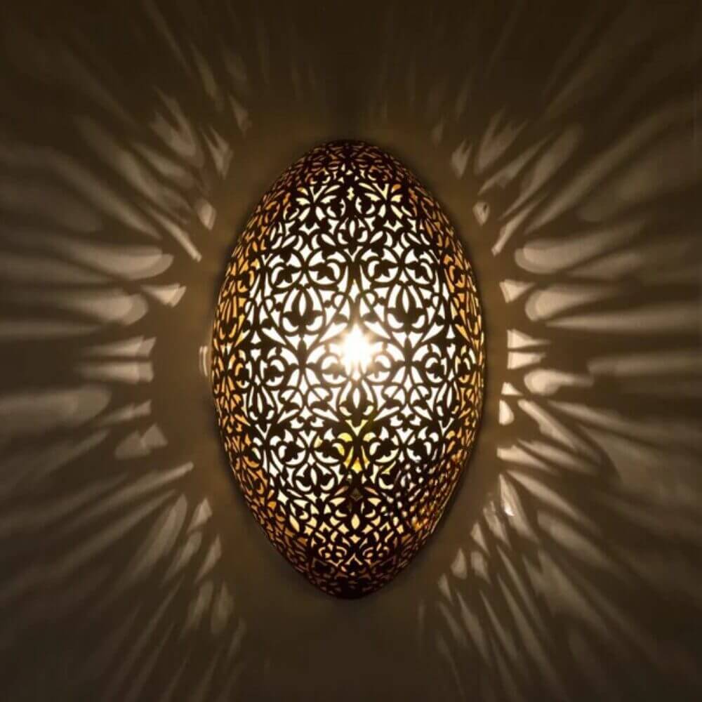 Brass Egg Wall Light 13.7″ – Hand-Engraved Oval Sconce with Arabesque Patterns image 2