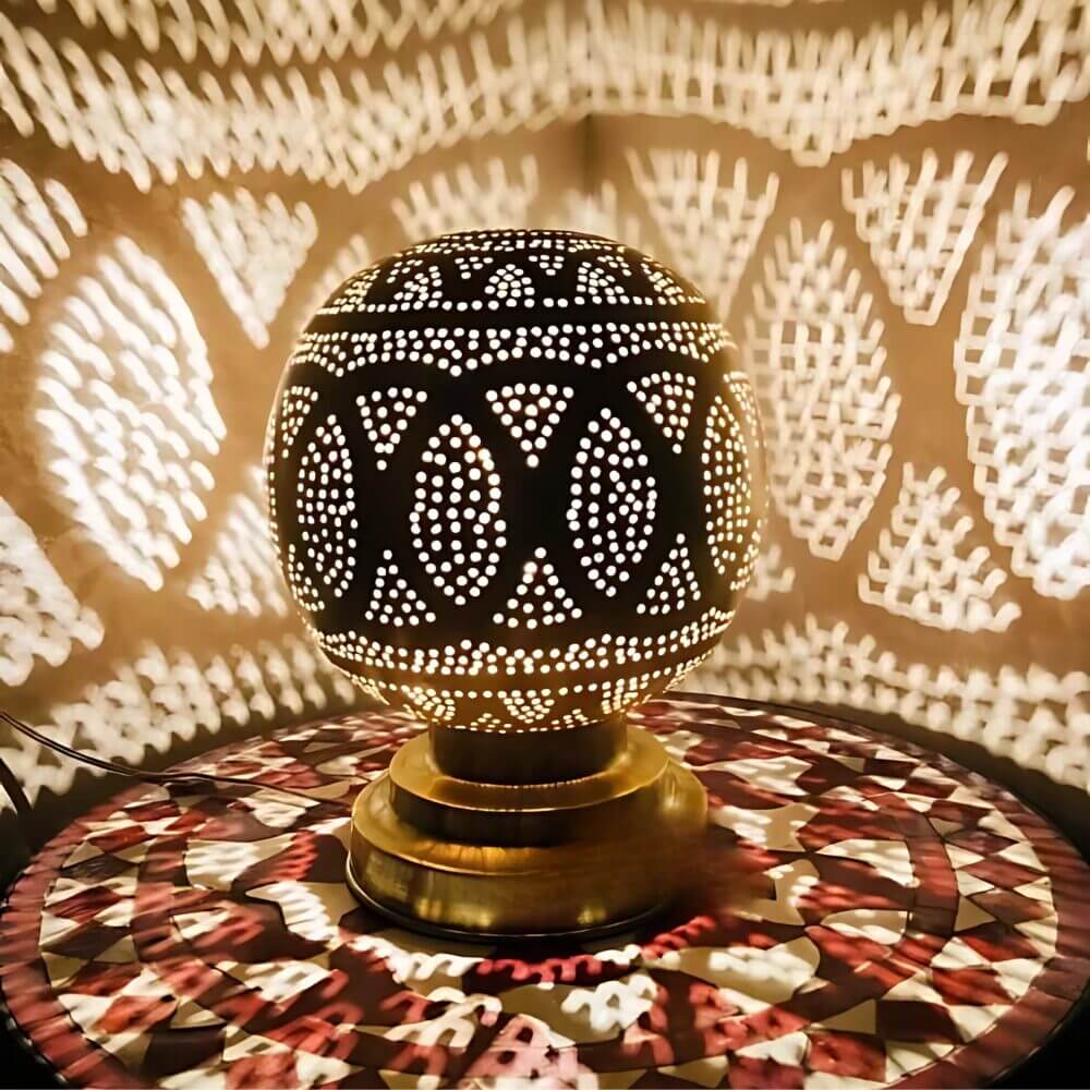 Round Brass Bedside Lamp – Hand-Engraved Brass Globe Light, 9.4″ Height image 2
