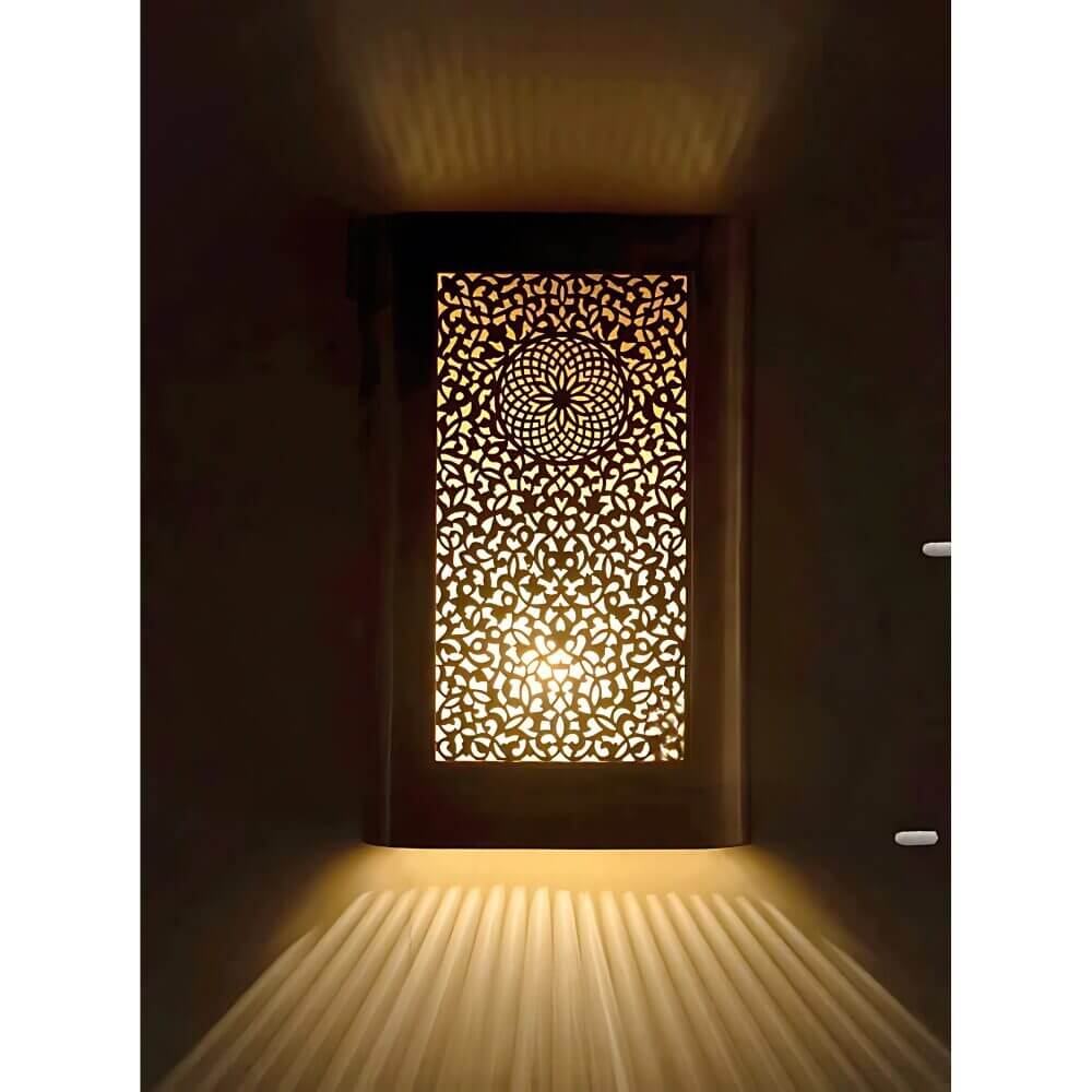 Square Brass Wall Sconce – Hand-Engraved Panel Light, 15.7″ Height image