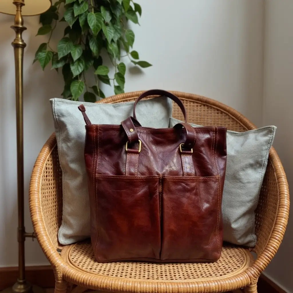Burgundy Brown Leather Tote Bag – Handcrafted Work & Travel Carryall image 3