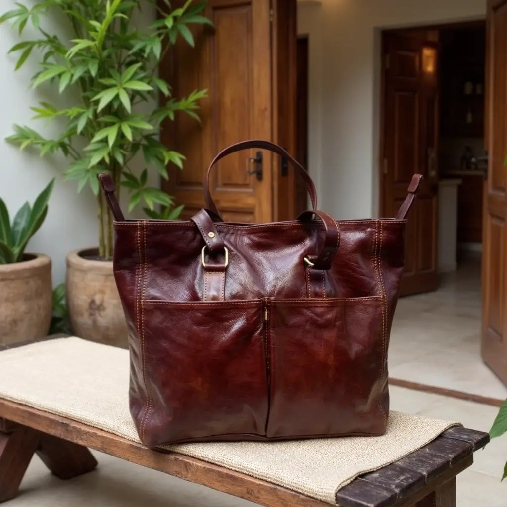 Burgundy Brown Leather Tote Bag – Handcrafted Work & Travel Carryall image 5