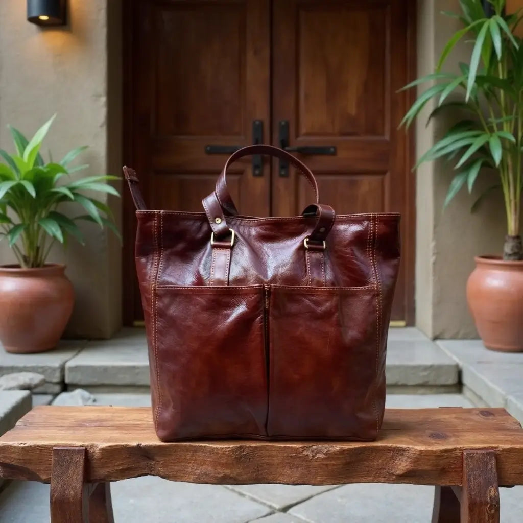 Burgundy Brown Leather Tote Bag – Handcrafted Work & Travel Carryall image 7