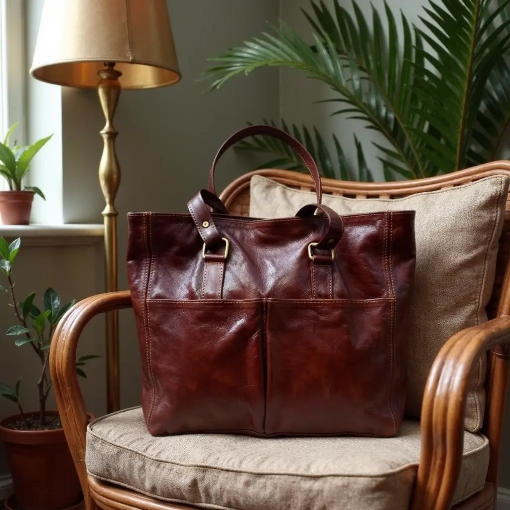 Burgundy Brown Leather Tote Bag – Handcrafted Work & Travel Carryall image 8