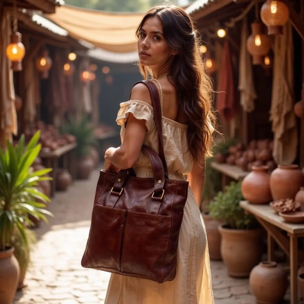 Burgundy Brown Leather Tote Bag – Handcrafted Work & Travel Carryall image 4
