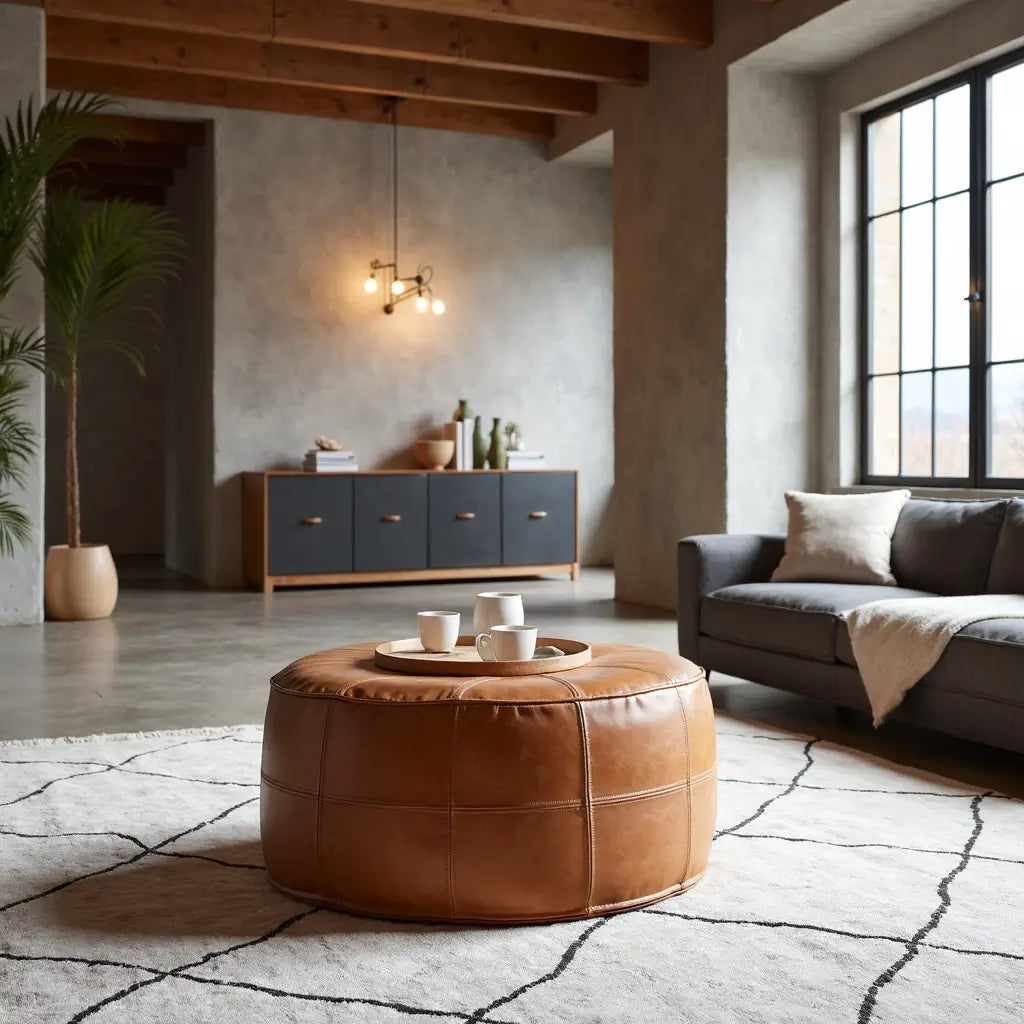 Premium Leather Floor Ottoman – Handcrafted Pouf 14″-60″ Diameter image 3