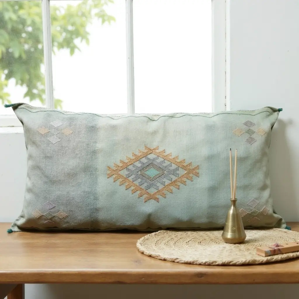 Sage Green Cactus Silk Lumbar Pillow Cover 36×16 – Diamond Motif image 4