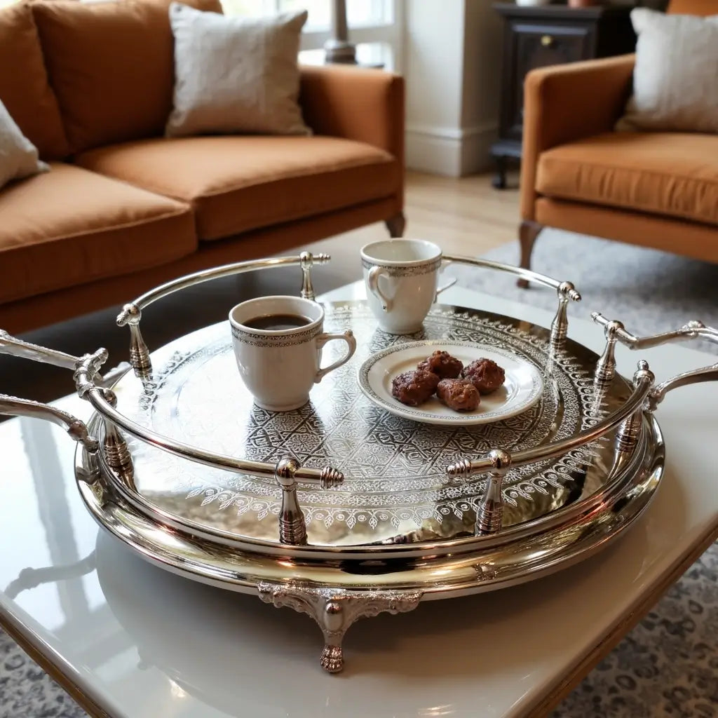 Hand-Engraved Silver Large Round Tray – Decorative Handles & Feet image 5