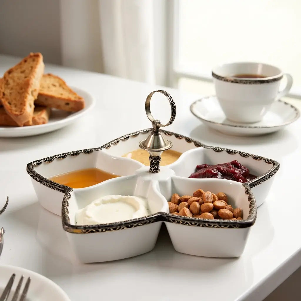 White Ceramic Divided Plate with Silver Accents – 5-Compartment Serving Dish image 2