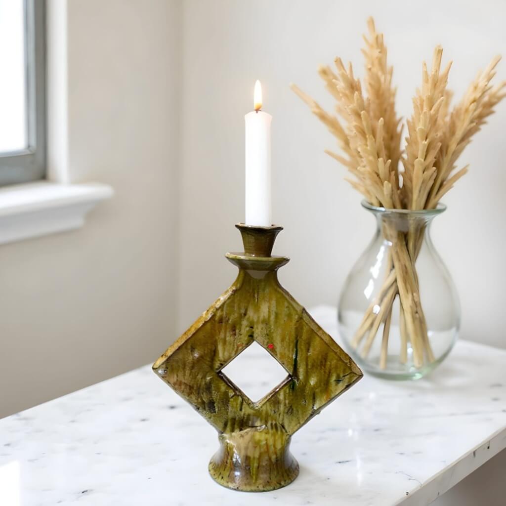 Tamegroute Green Ceramic Candle Holder 35cm – Diamond Cutout Design image
