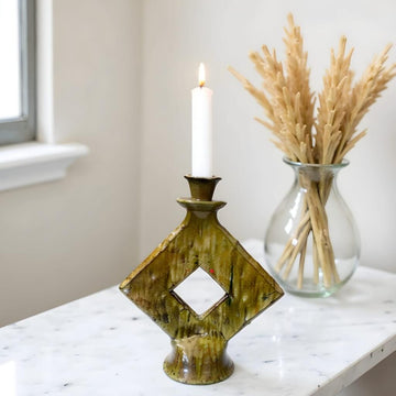 Tamegroute Green Ceramic Candle Holder 35cm – Diamond Cutout Design image