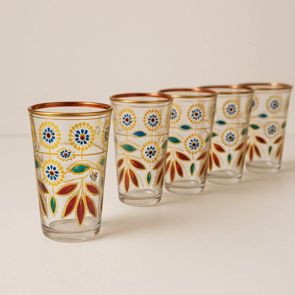 Hand-Painted Floral Tea Glasses Set of 6 – Gold Rim Moroccan Style image