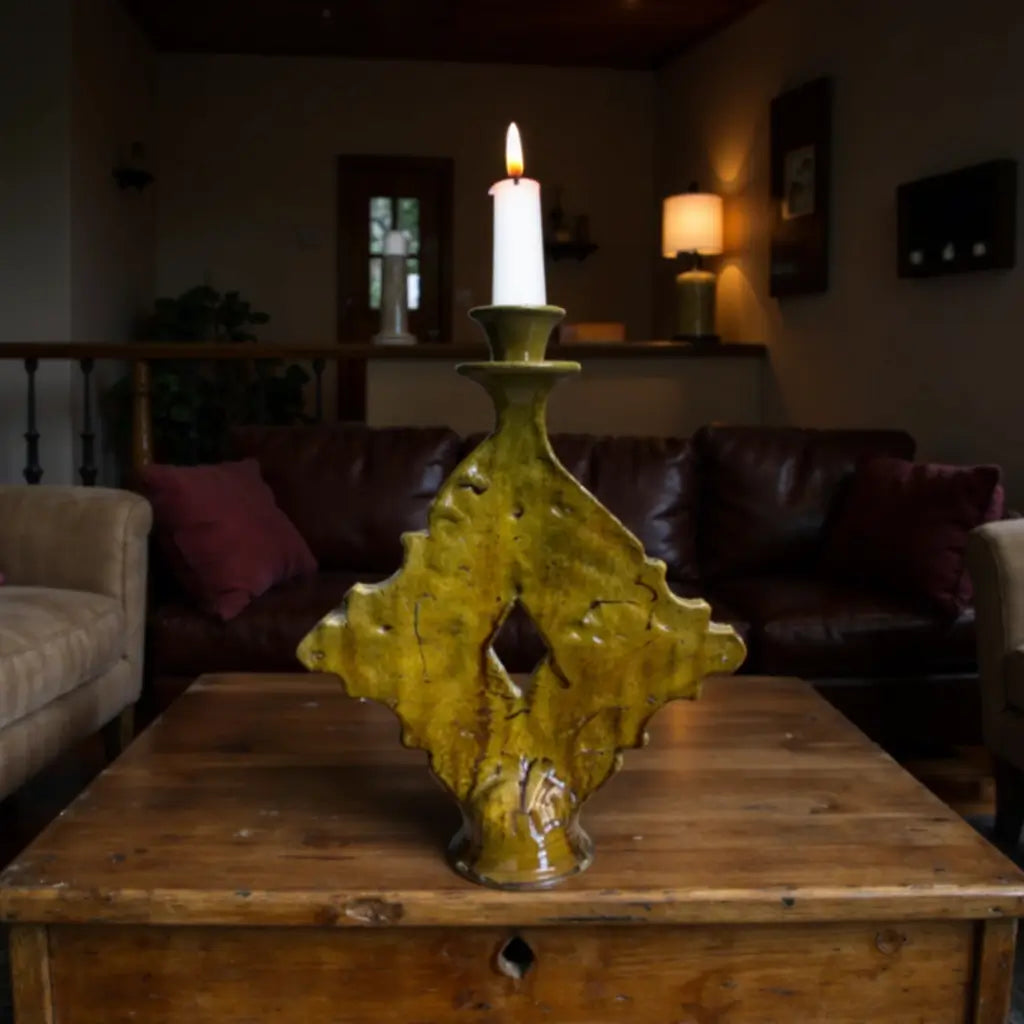 Handmade Tamegroute Diamond Ceramic Candle Holder – Ochre Art Piece 15″ image 2