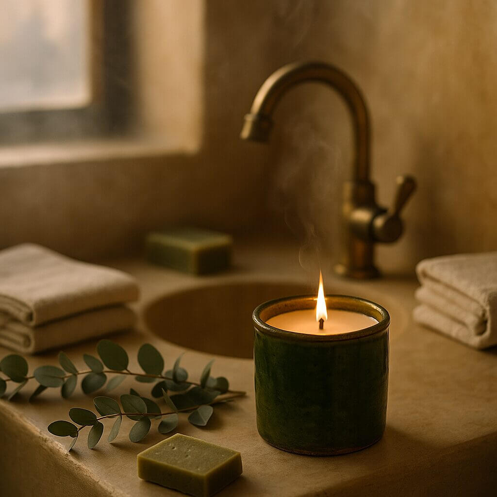 Artisanal Tamegroute Ceramic Candle – Green & Sahara Ochre image 6