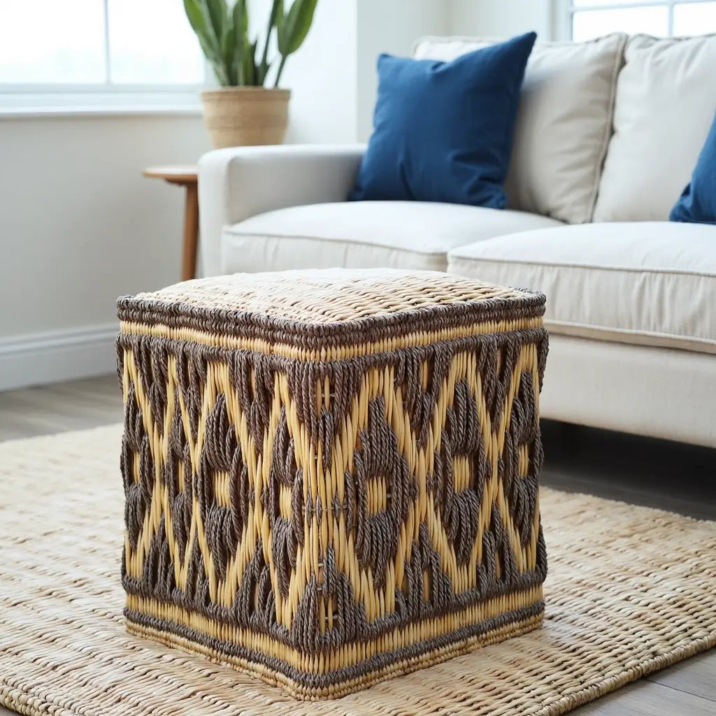 Handwoven Diamond Pattern Straw Floor Pouf – Versatile Natural Fiber Accent image 4