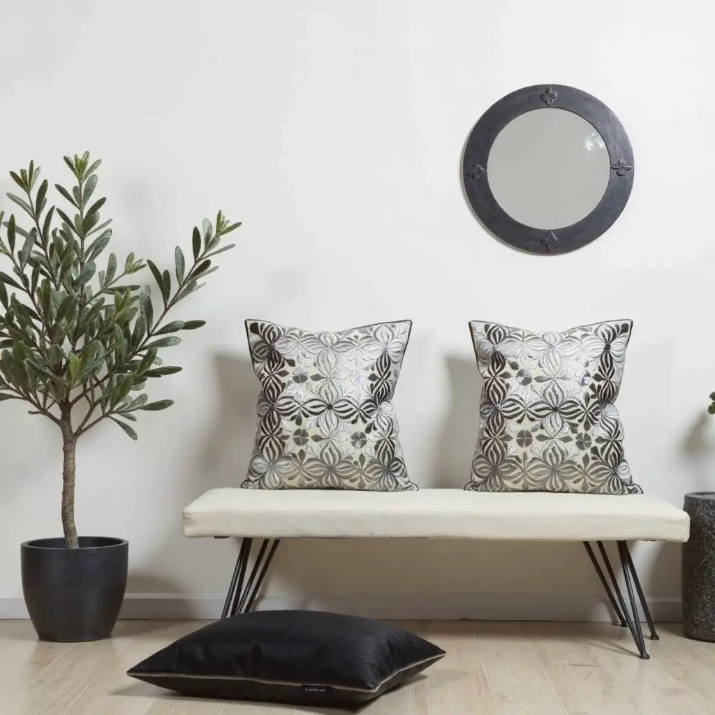 Elegant Gray Floral Pillow Covers 17.4″ – Cotton Silk Embroidered Set image 2