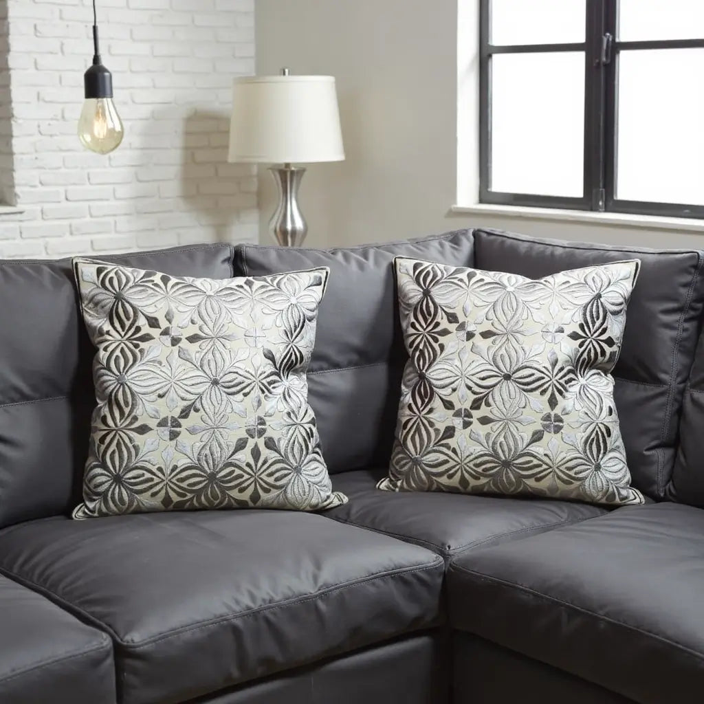 Elegant Gray Floral Pillow Covers 17.4″ – Cotton Silk Embroidered Set image 3