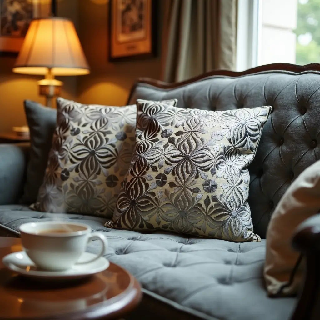 Elegant Gray Floral Pillow Covers 17.4″ – Cotton Silk Embroidered Set image 4