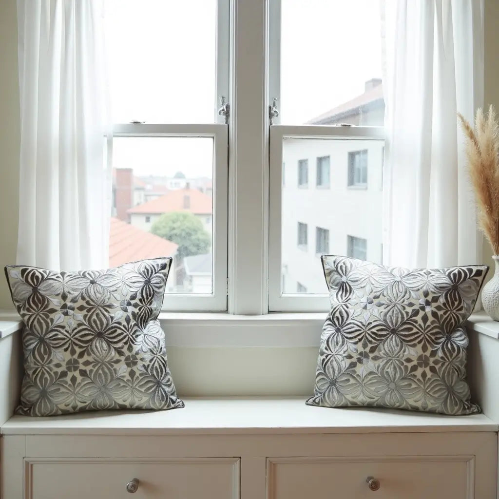 Elegant Gray Floral Pillow Covers 17.4″ – Cotton Silk Embroidered Set image 5