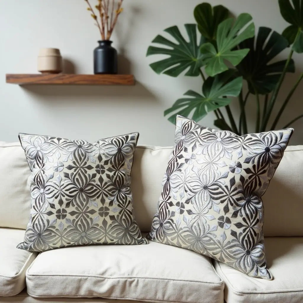 Elegant Gray Floral Pillow Covers 17.4″ – Cotton Silk Embroidered Set image 7