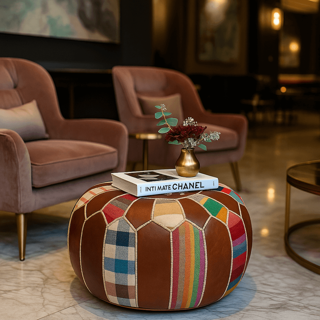 Handcrafted Leather Round Ottoman 21″ – Patchwork Floor Pouf image 4