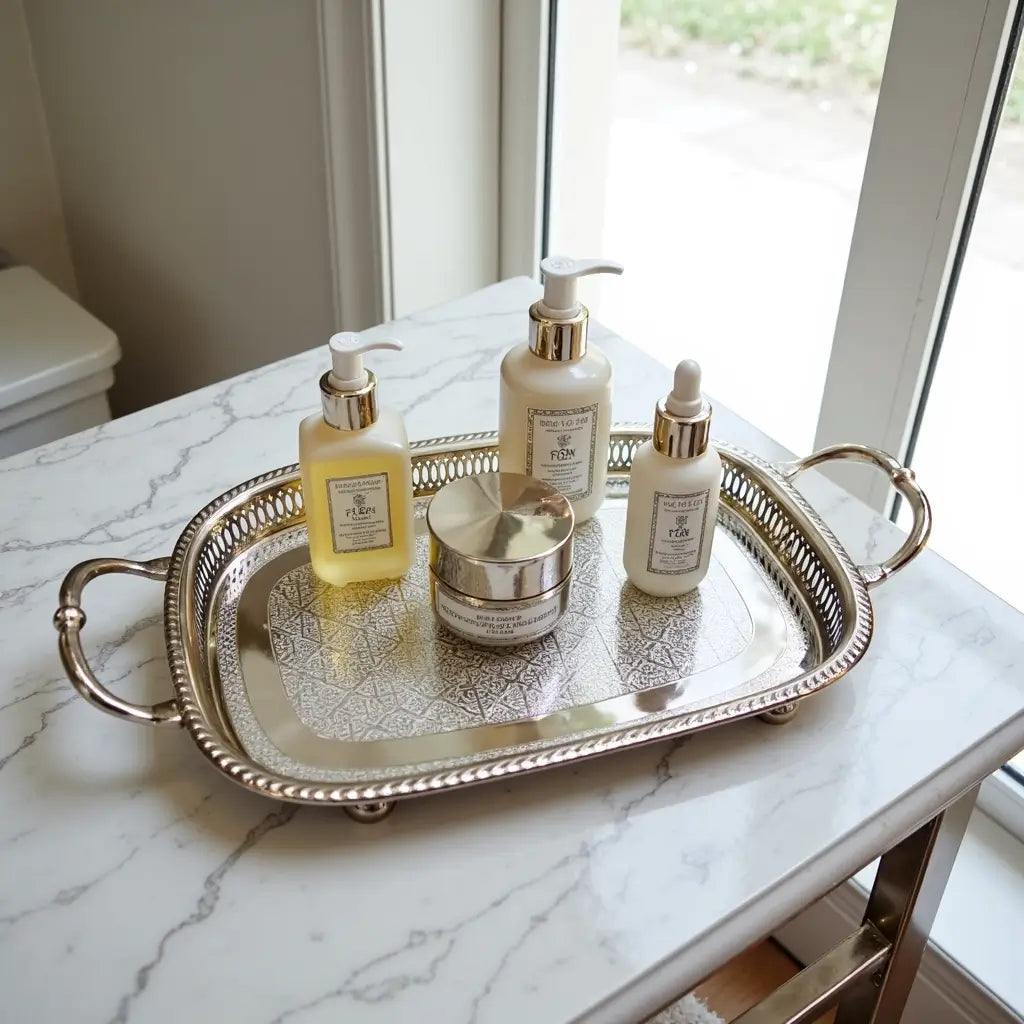 Hand-Engraved Oval Silver Serving Tray with Decorative Handles and Feet image 3