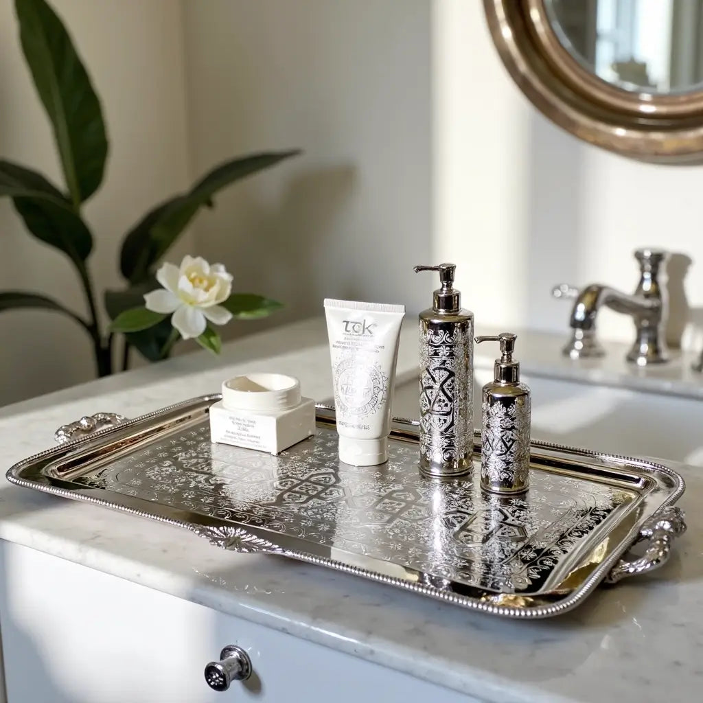 Hand-Engraved Silver-Plated Serving Tray with Ornate Handles – 3 Sizes image 6