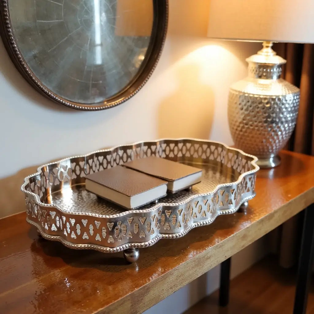Hand-Hammered Oval Silver Serving Tray with Ornate Filigree Border image 6