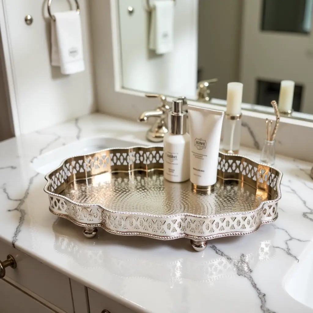 Hand-Hammered Oval Silver Serving Tray with Ornate Filigree Border image 7