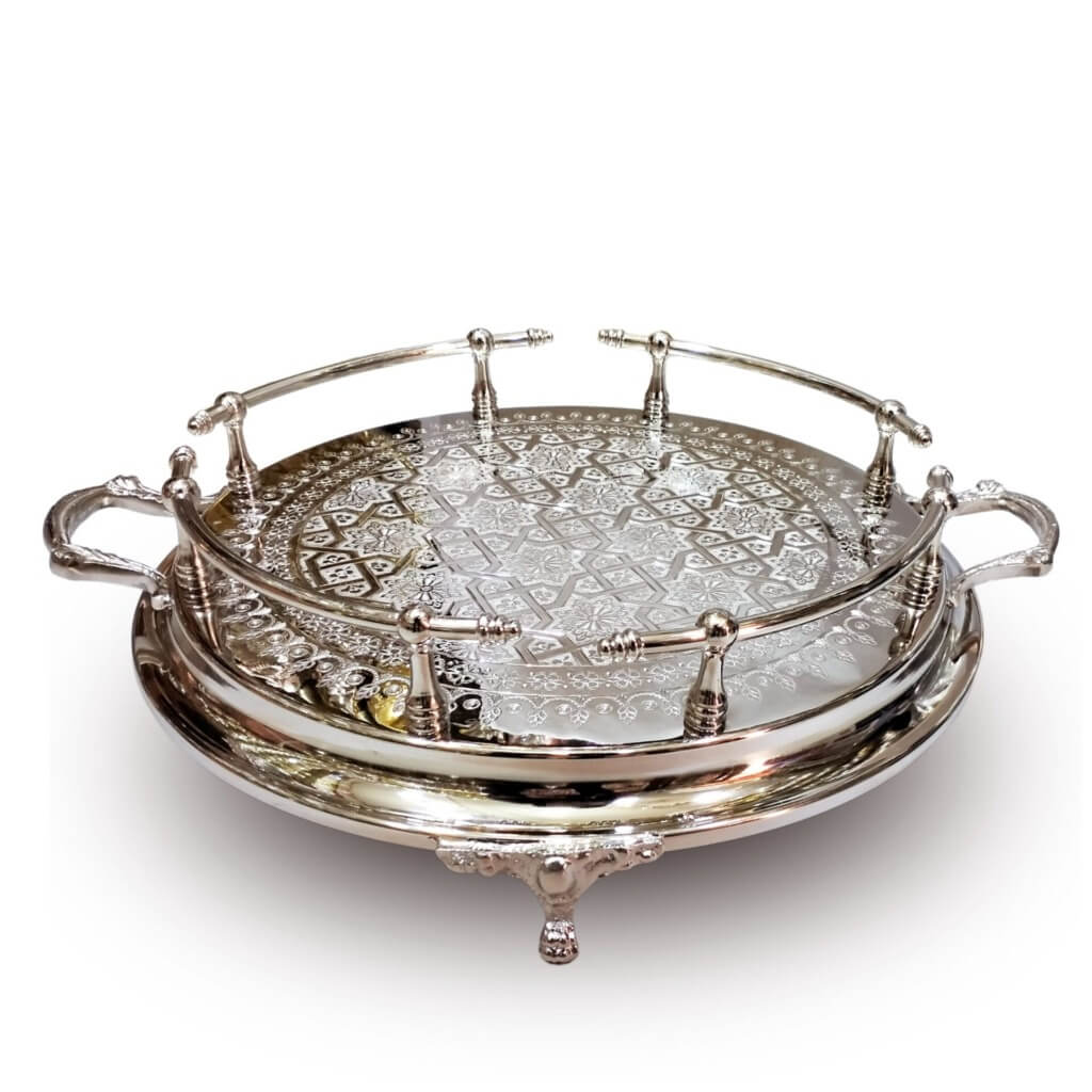 Hand-Engraved Silver Large Round Tray – Decorative Handles & Feet image 11