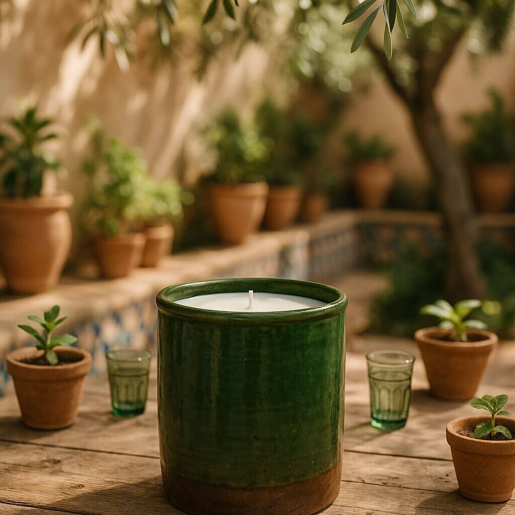 Artisanal Tamegroute Ceramic Candle – Green & Sahara Ochre image 5