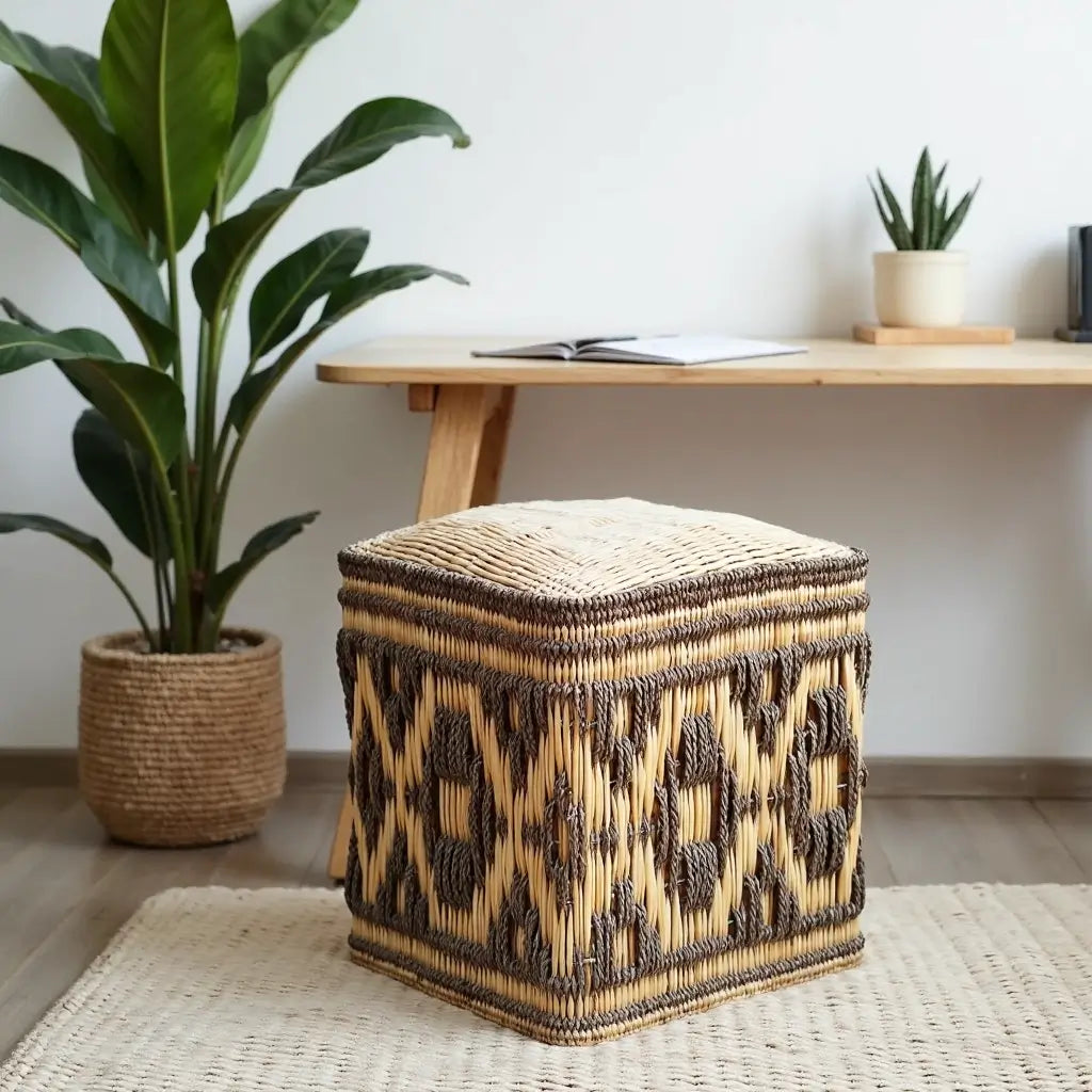 Handwoven Diamond Pattern Straw Floor Pouf – Versatile Natural Fiber Accent image 5