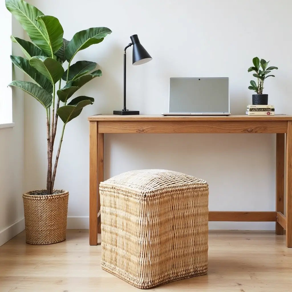 Handwoven Square Straw Ottoman Pouf – Natural Fiber Indoor/Outdoor Footstool image 7