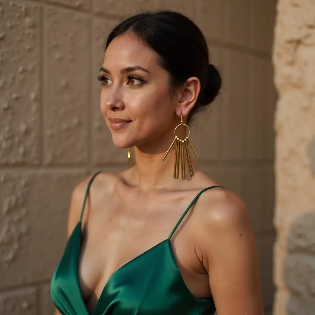 Handmade Brass Fringe Earrings – Gold Sunburst Stick Drop Design image 2