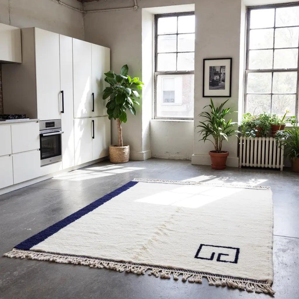 Modern Minimalist Wool Rug – Navy Border & Greek Key Design image 4