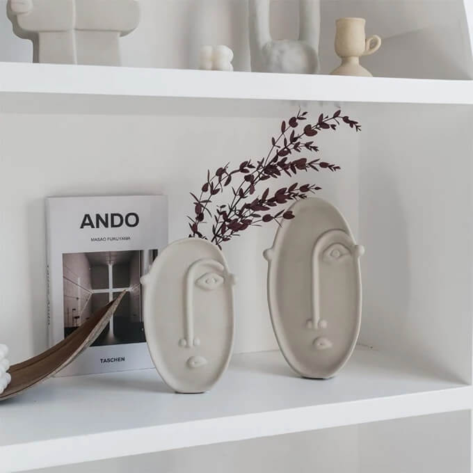 Modern White Ceramic Face Vase Set of 2 – Sculptural Art Pottery Decor image