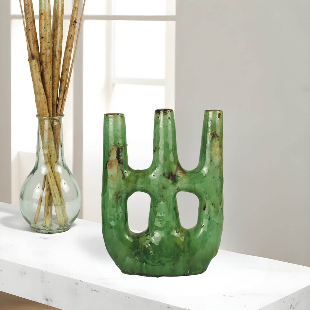 Handcrafted Tamegroute Ceramic Candle Holder – Double Arch Design 12.8″ image