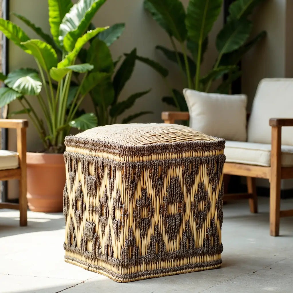 Handwoven Diamond Pattern Straw Floor Pouf – Versatile Natural Fiber Accent image 6