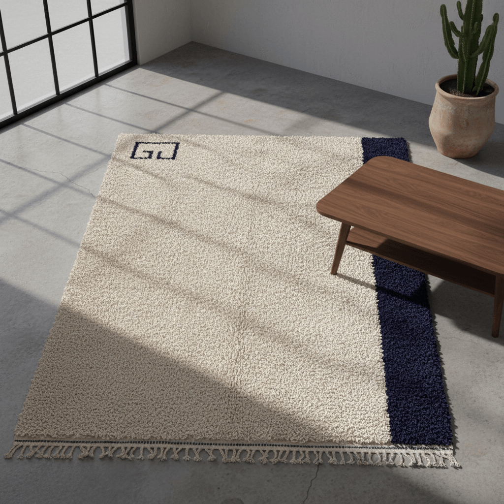 Modern Minimalist Wool Rug – Navy Border & Greek Key Design image 6