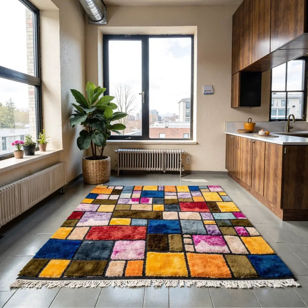 Patchwork Color Block Rug – Handwoven Rainbow Wool Design image