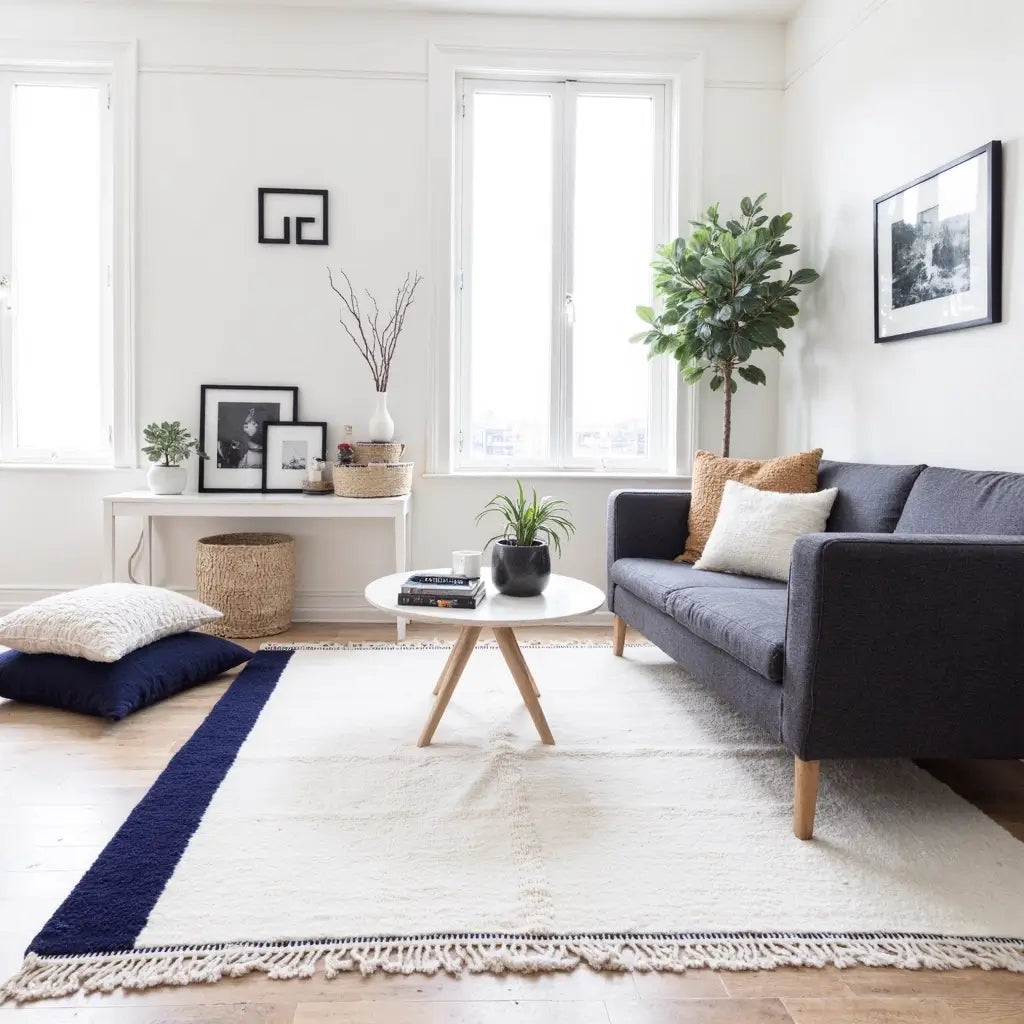 Modern Minimalist Wool Rug – Navy Border & Greek Key Design image 7