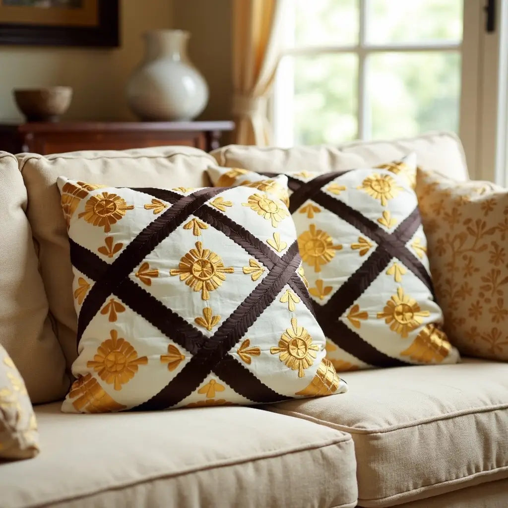 Woven Diamond Pattern Cushion Covers – Berber Set of 2 with Golden Embroidery image 6