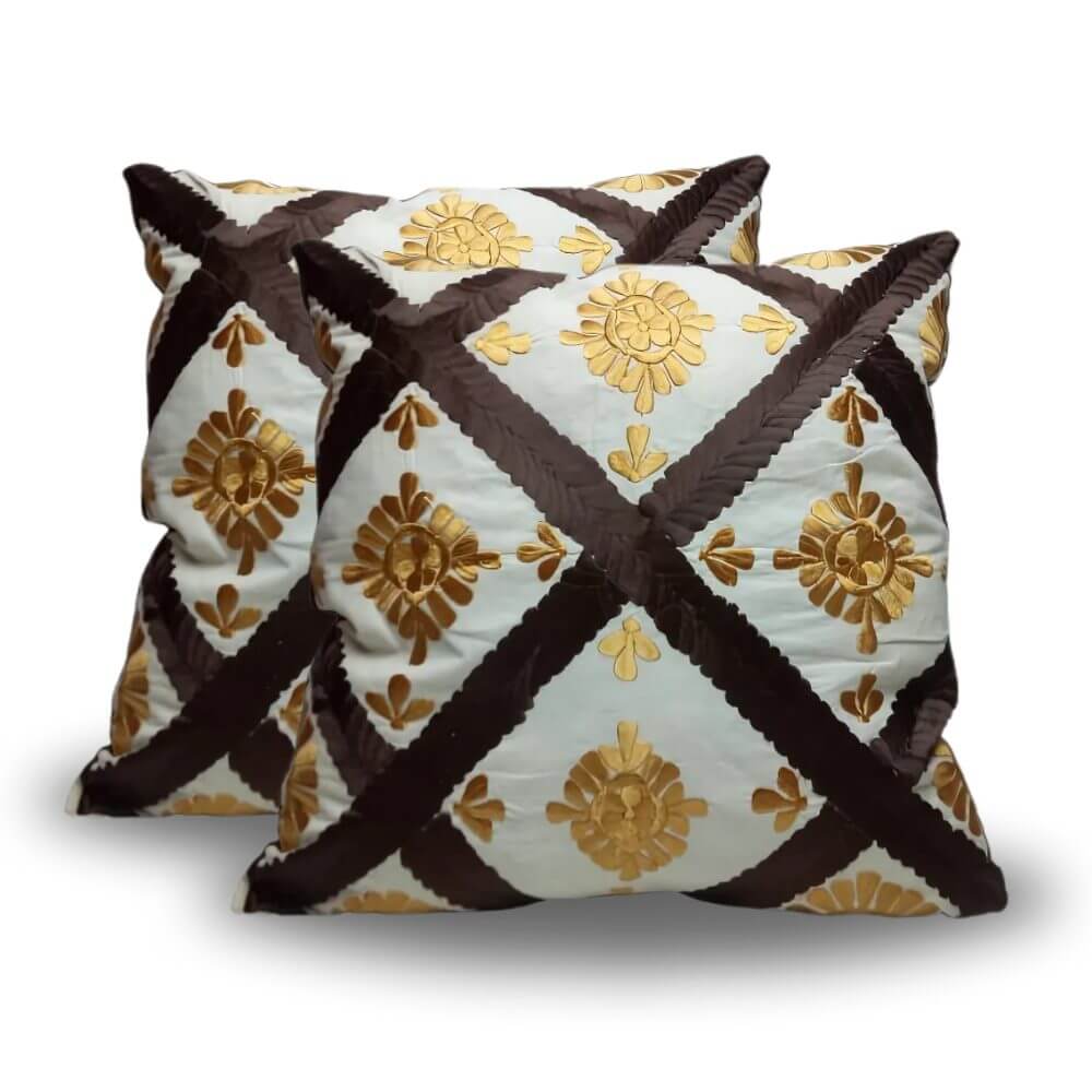 Woven Diamond Pattern Cushion Covers – Berber Set of 2 with Golden Embroidery image