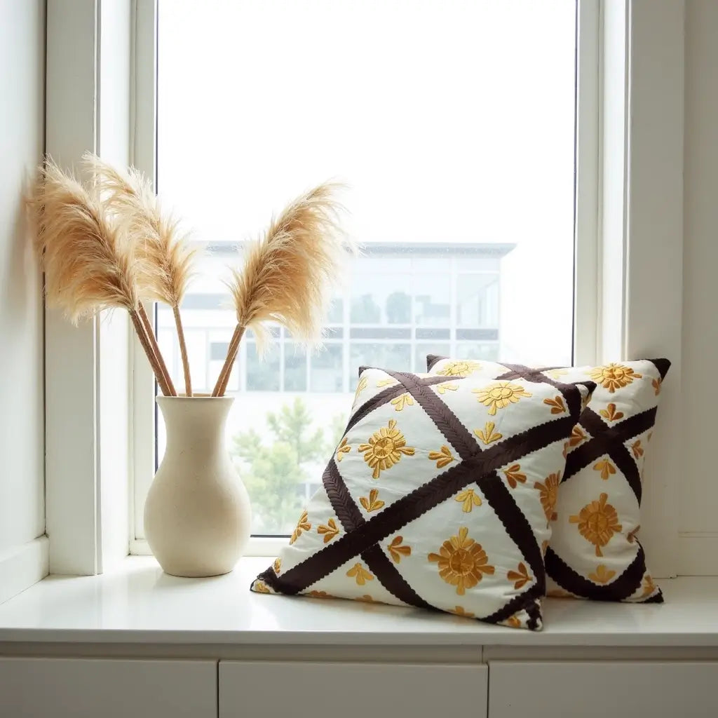 Woven Diamond Pattern Cushion Covers – Berber Set of 2 with Golden Embroidery image