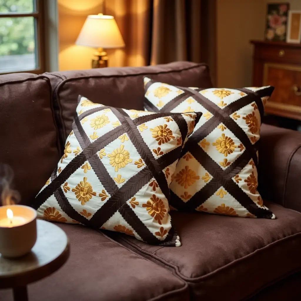 Woven Diamond Pattern Cushion Covers – Berber Set of 2 with Golden Embroidery image 3