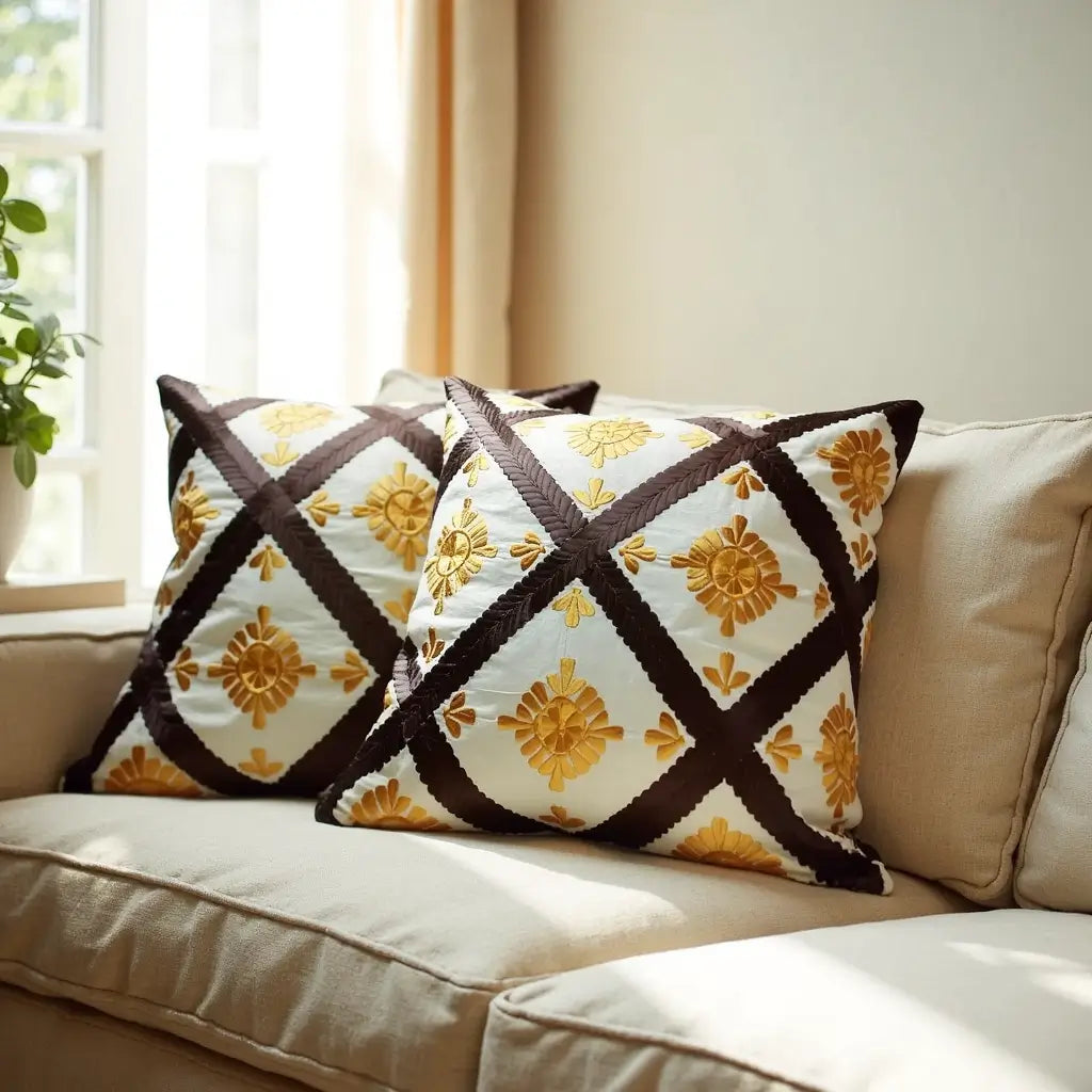 Woven Diamond Pattern Cushion Covers – Berber Set of 2 with Golden Embroidery image 4