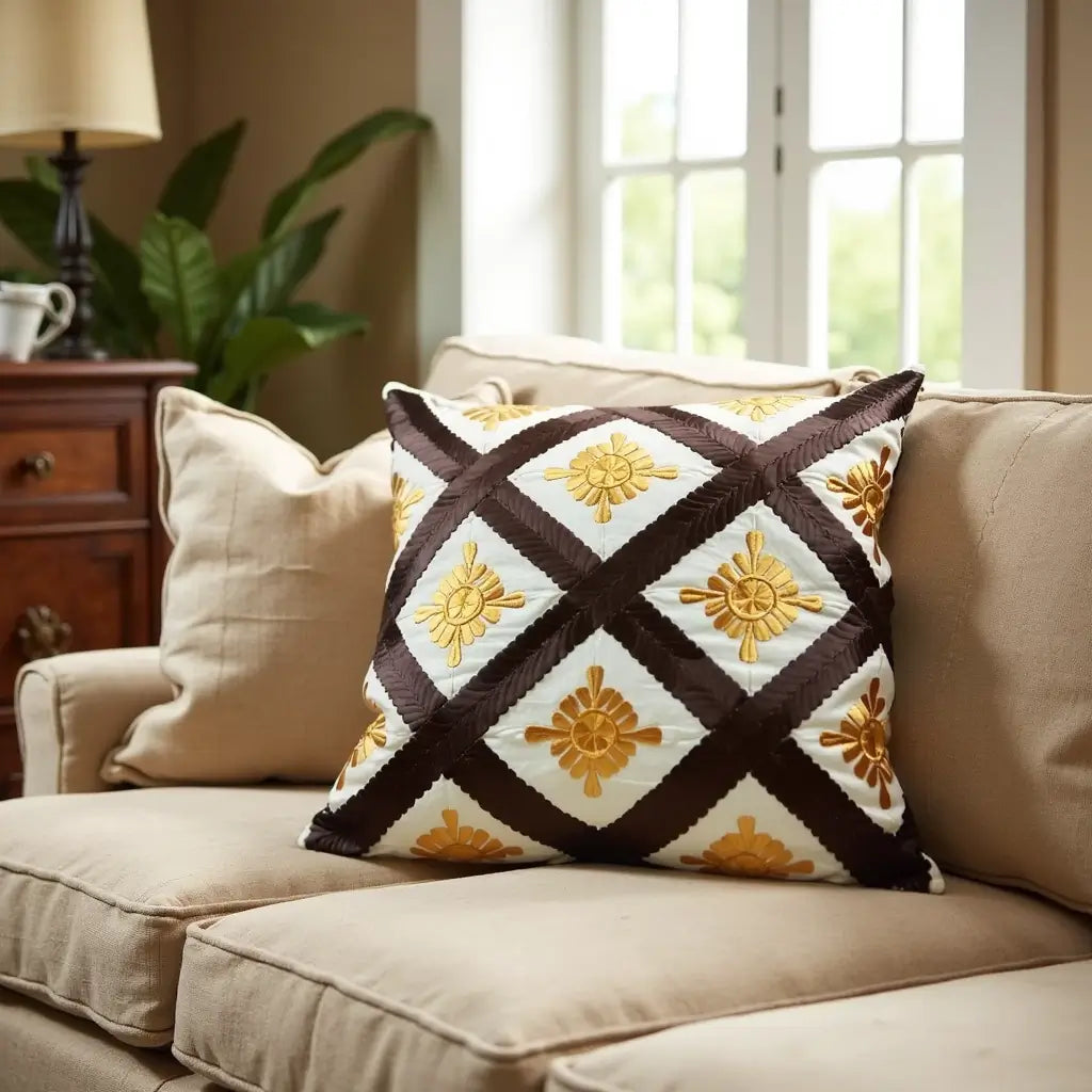 Woven Diamond Pattern Cushion Covers – Berber Set of 2 with Golden Embroidery image 5