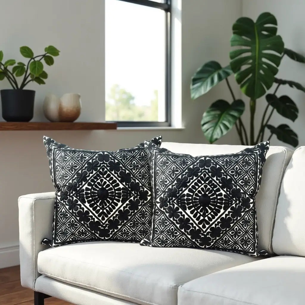 Black Embroidered Cotton Pillow Covers 17.4″ – Geometric Set of 2 image 7