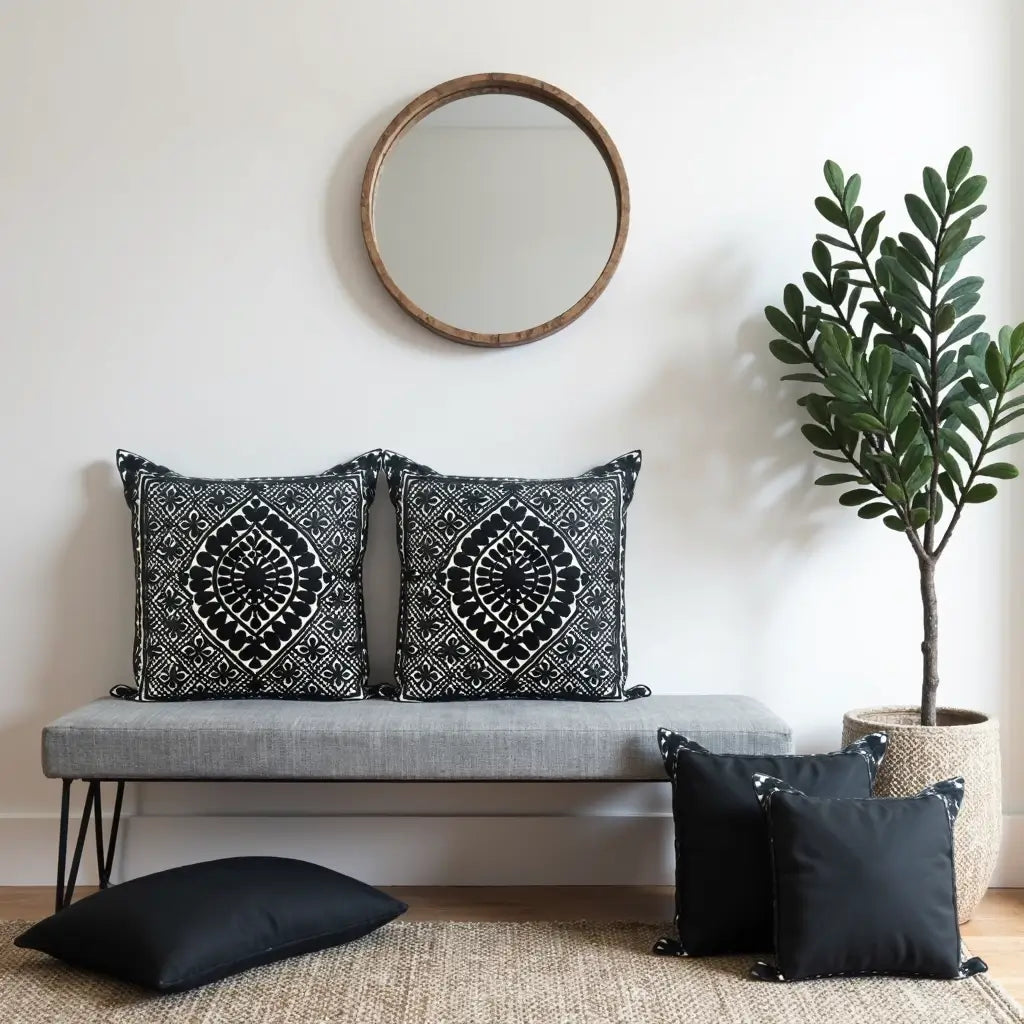 Black Embroidered Cotton Pillow Covers 17.4″ – Geometric Set of 2 image 2