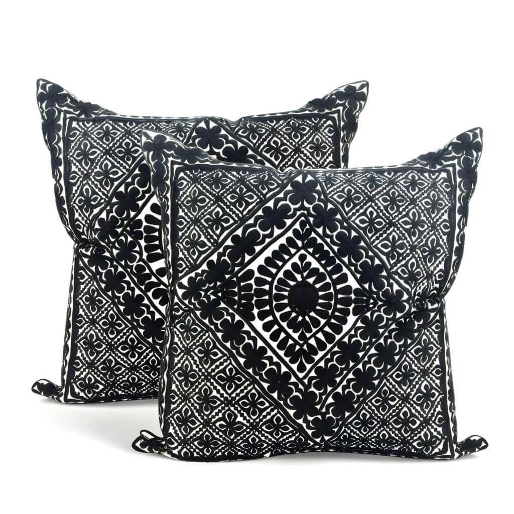 Black Embroidered Cotton Pillow Covers 17.4″ – Geometric Set of 2 image